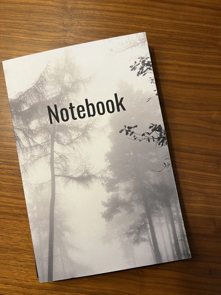 artistic fog rolling through trees Spooky Halloween Inspired Notebook black and white Creative Writing Journal Side Hustle Amazon Horror