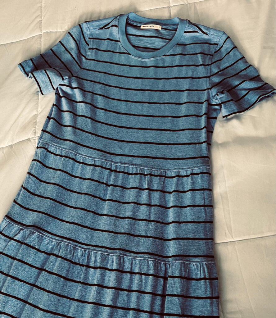 Marine Layer Vintage Slub Midi Dress in blue with black stripes on white blanket background ultimate packing list road trip Those Someday Goals