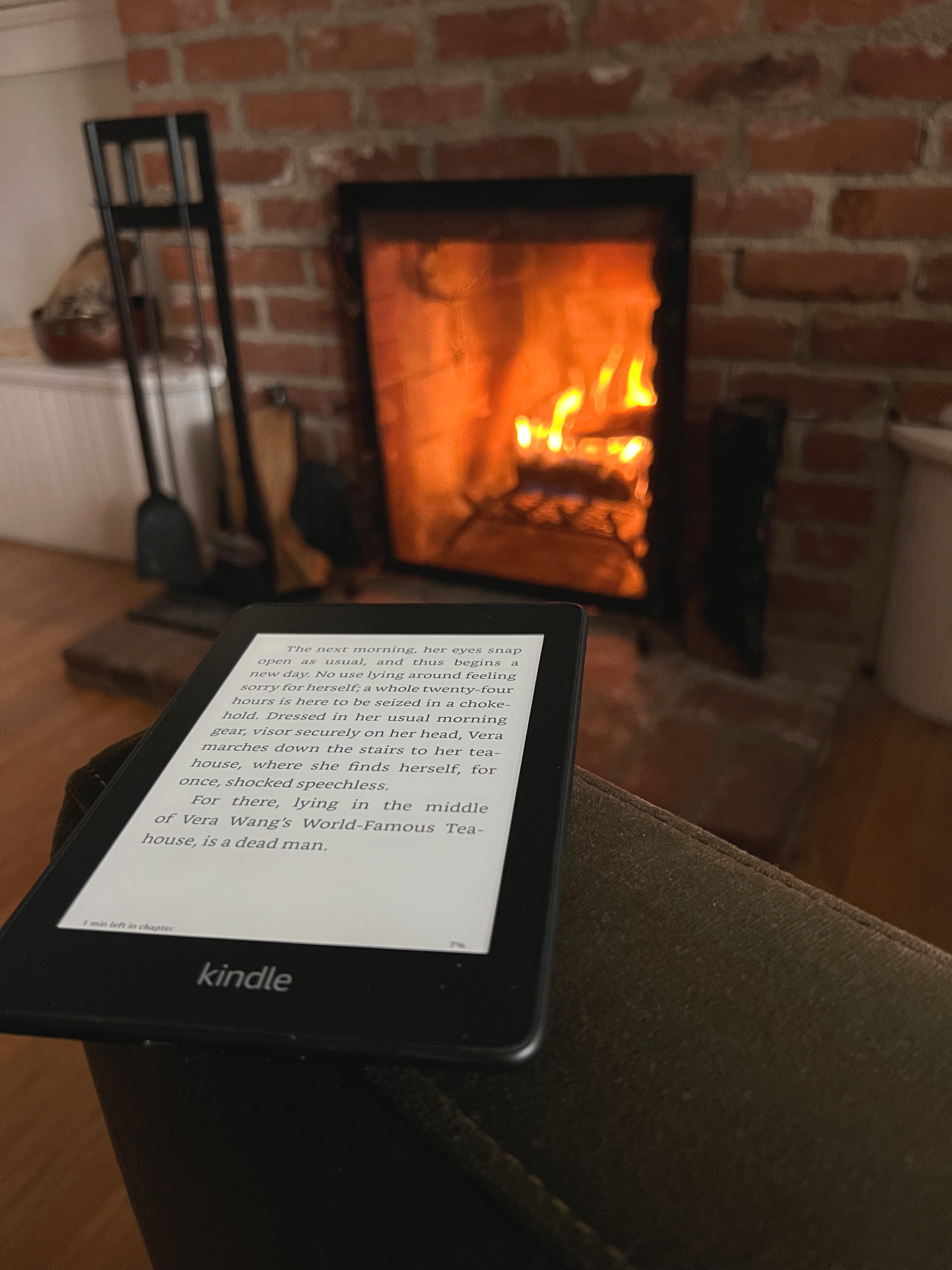 Fall decor trends for the home in 2024 olive velvet armchair by fire with kindle book