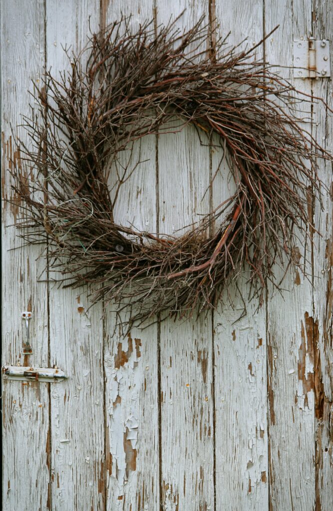 Halloween decor, Halloween Wreath, Dried green and brown spiky twigs wrapped around wire frame