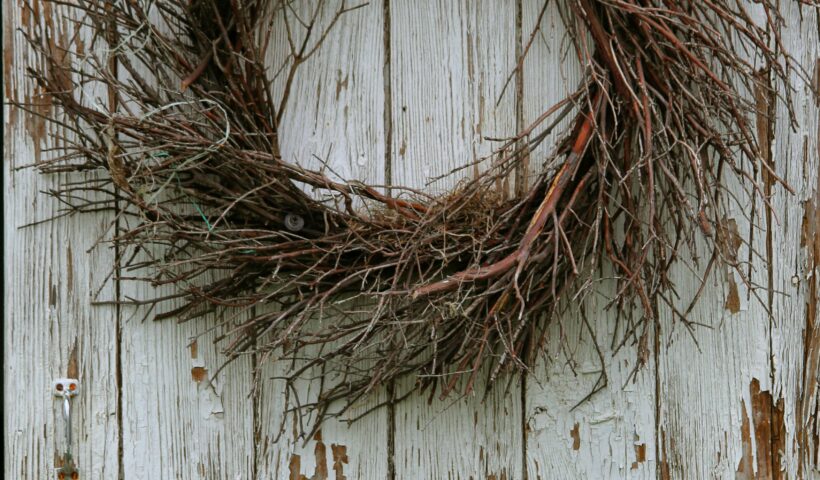 Halloween decor, Halloween Wreath, Dried green and brown spiky twigs wrapped around wire frame