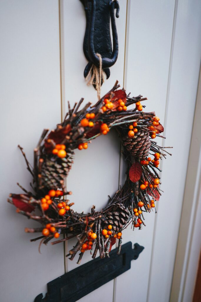 Autumnal wreath, Halloween decor, pine cones, mini gourds, twigs