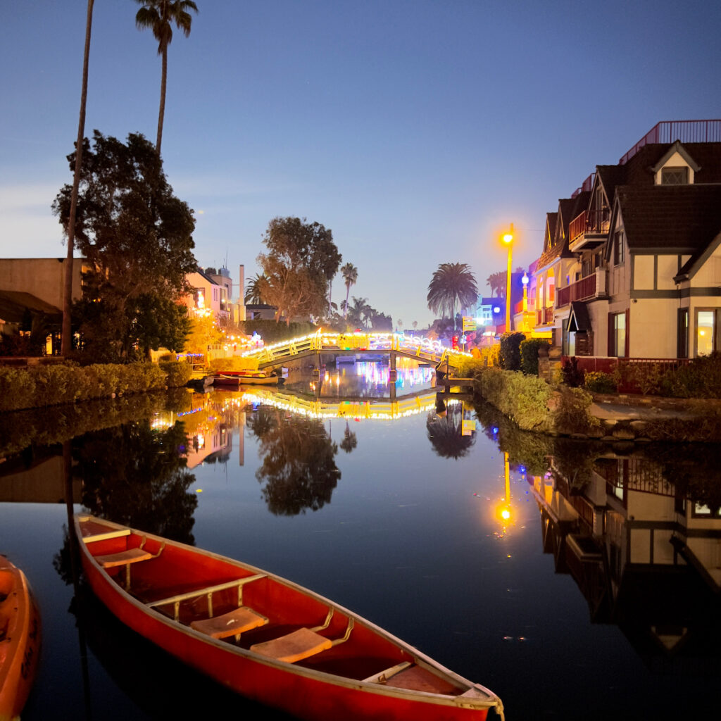 red Canoe and venice canals, southern California, sparkle, bridge, Christmas lights, homes, holiday decorations