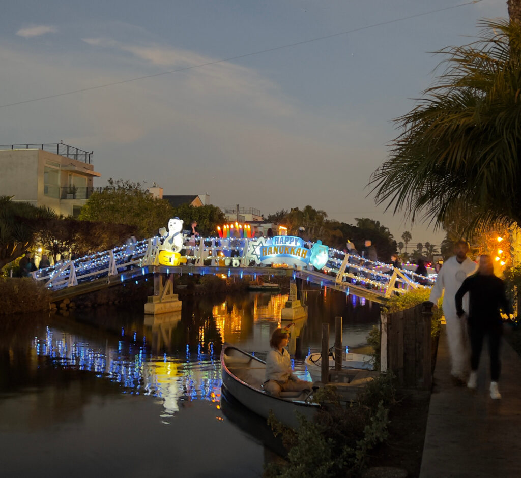 Bridge with Hanukkah Lights and signs Holiday Decorations, Venice Canals, Bridges, California