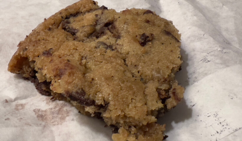 Salted chocolate chip cookie piece on a white paper bag Those Someday Goals cookies for January