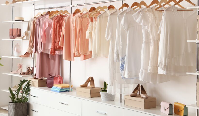 decluttering tips closet white peach pink clothing wooden hangers white shelves and drawers decluttering tips organized open closet